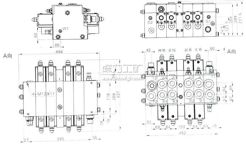 DP32G負載敏感多路換向閥外形及連接尺寸